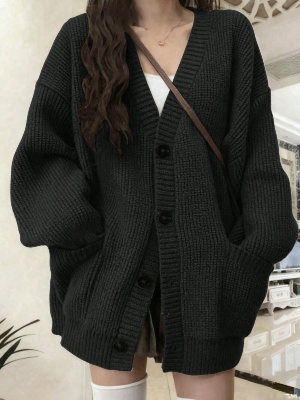 Black Loose V Neck Button Front Women's Knitted Cardigan